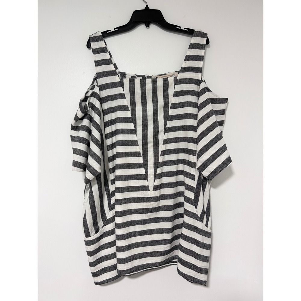 Soft Surroundings Women 3X Striped Cold‎ Shoulder Tunic Top Black White Linen